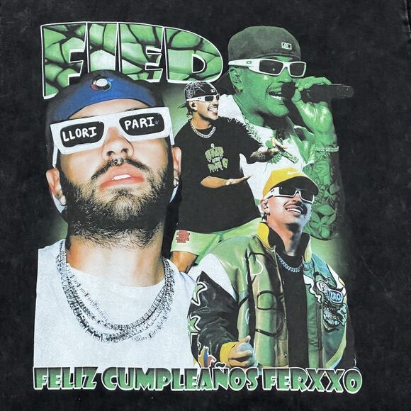 Fied Shirt Mens Large Black Feliz Cumpleanos Ferxxo Faded Columbian Hip Hop - Picture 2 of 9